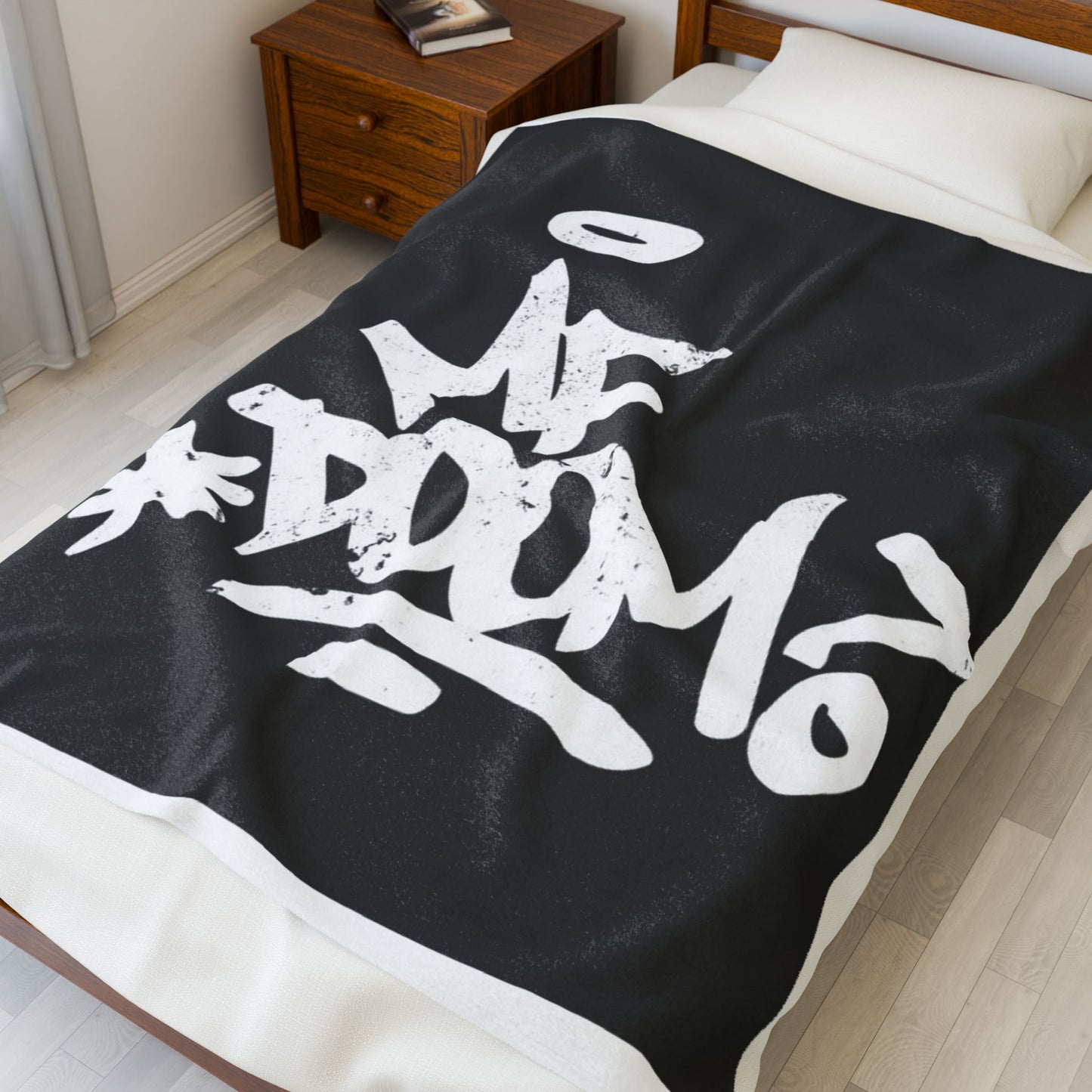 Velveteen Throw Blanket — Bold Graffiti "MF Doom" Design, Soft Plush Black & White Cozy Accent